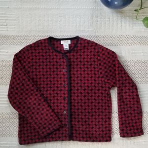 Talbots Red Fleece Houndstooth Cardigan